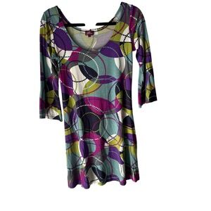 Salaam Dress Small Teal Purple Green Abstract Print 3/4 Sleeve Casual Boho Artsy